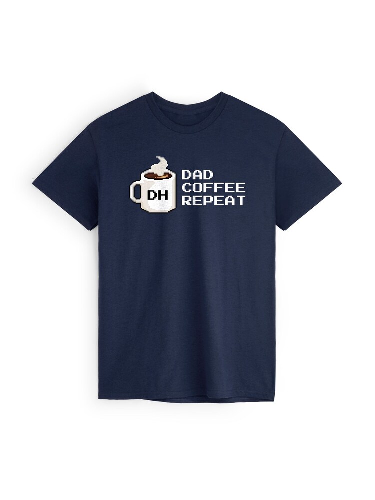 Personalised 'Dad, Coffee, Repeat' Navy T-Shirt by Stitch Style - Image 1 of 5 Personalised 'Dad, Coffee, Repeat' Navy T-Shirt by Stitch Style - Image 1 of 5