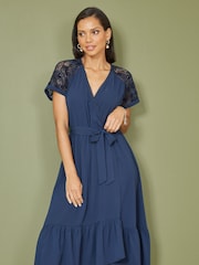 Yumi Blue Lace Sleeve Midi Wrap Over Dress - Image 1 of 5
