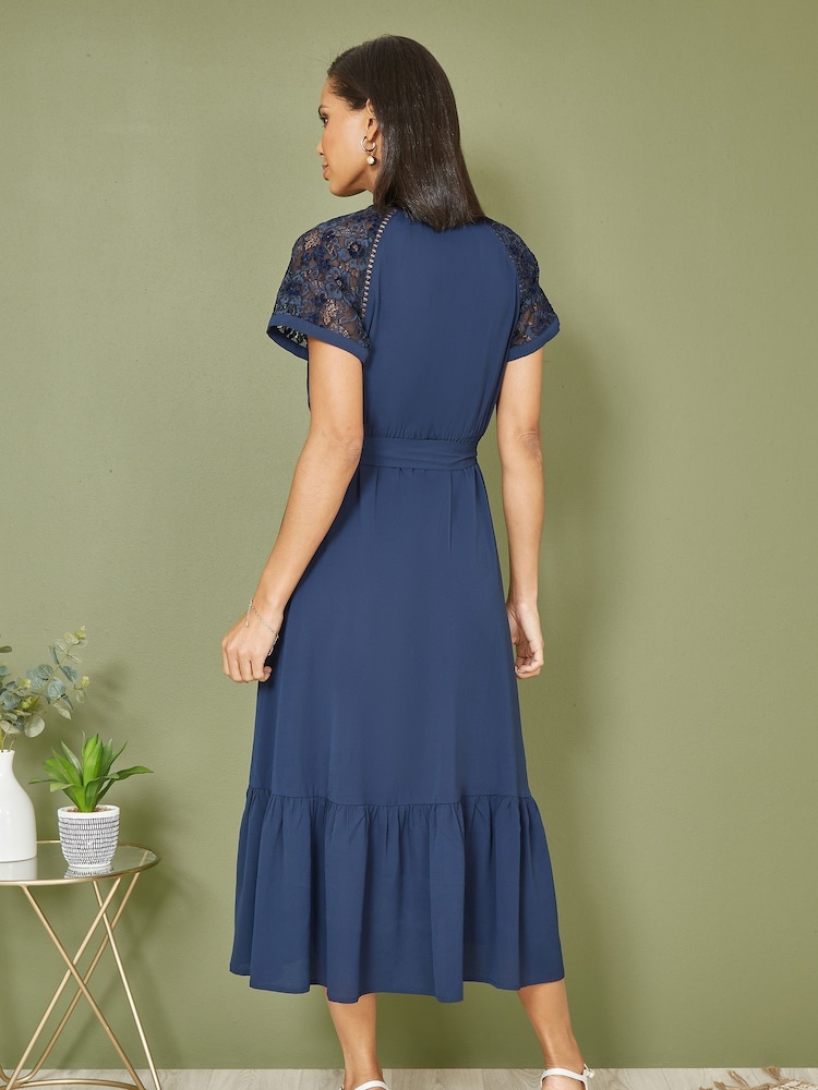 Yumi Blue Lace Sleeve Midi Wrap Over Dress - Image 2 of 5