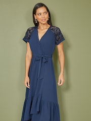 Yumi Blue Lace Sleeve Midi Wrap Over Dress - Image 3 of 5