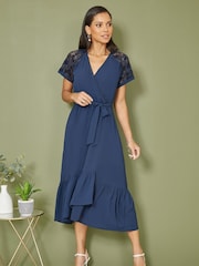Yumi Blue Lace Sleeve Midi Wrap Over Dress - Image 4 of 5