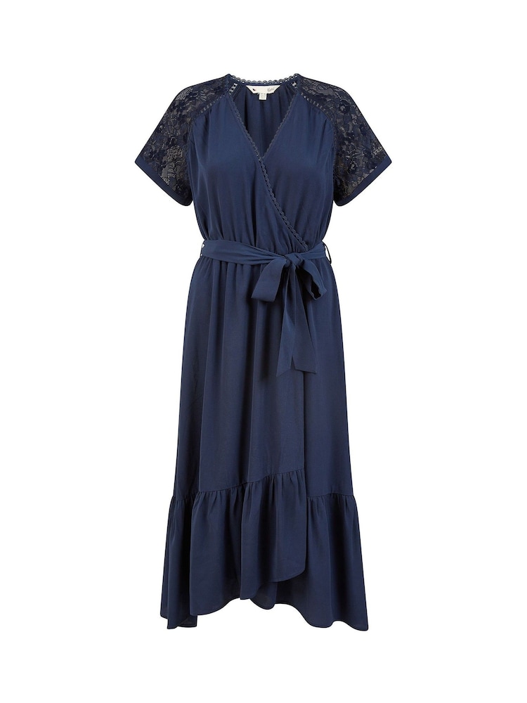 Yumi Blue Lace Sleeve Midi Wrap Over Dress - Image 5 of 5
