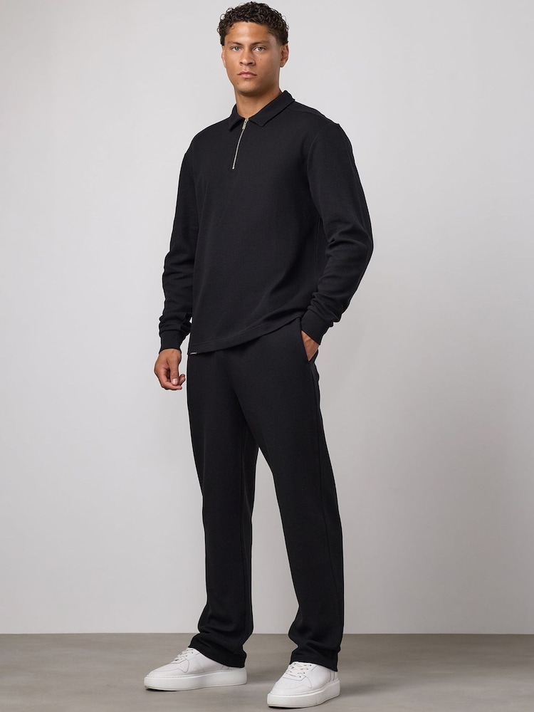 Gym King Black Signature Waffle Long Sleeve Polo Shirt - Image 1 of 4 Gym King Black Signature Waffle Long Sleeve Polo Shirt - Image 1 of 4