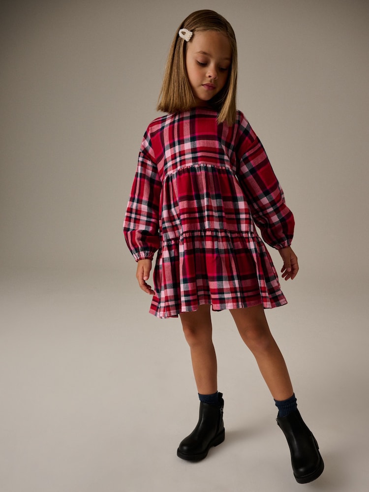 Red Check Long Sleeve Tiered 100% Cotton Dress (3-16yrs) - Image 1 of 9