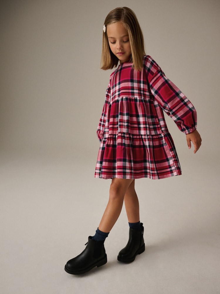 Red Check Long Sleeve Tiered 100% Cotton Dress (3-16yrs) - Image 2 of 9