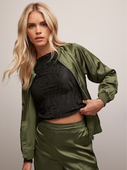 PixieGirl Petite Green Satin Bomber Jacket - Image 1 of 5