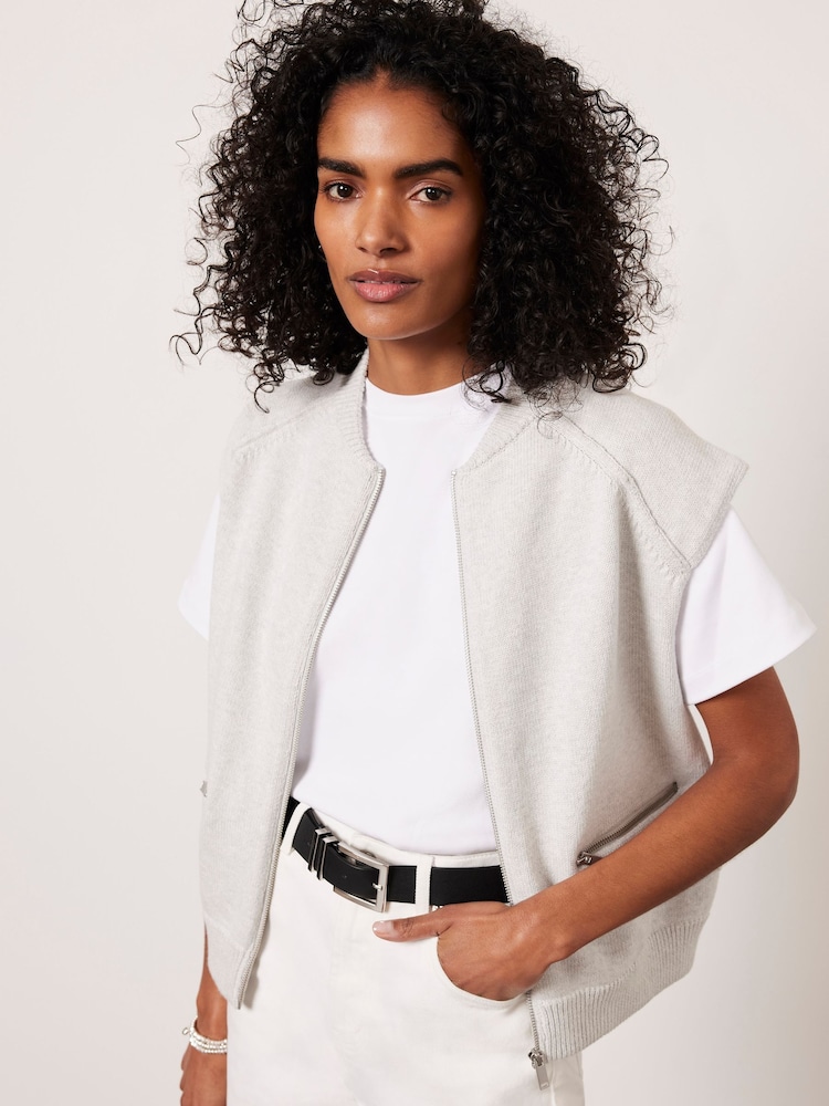 Mint Velvet Grey Cotton Sleeveless Bomber Jacket - Image 1 of 4 Mint Velvet Grey Cotton Sleeveless Bomber Jacket - Image 1 of 4