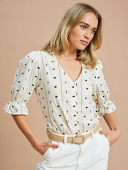 ONLY Cream 100% Cotton Embroidered Short Sleeve Button-Up Blouse - Image 1 of 8