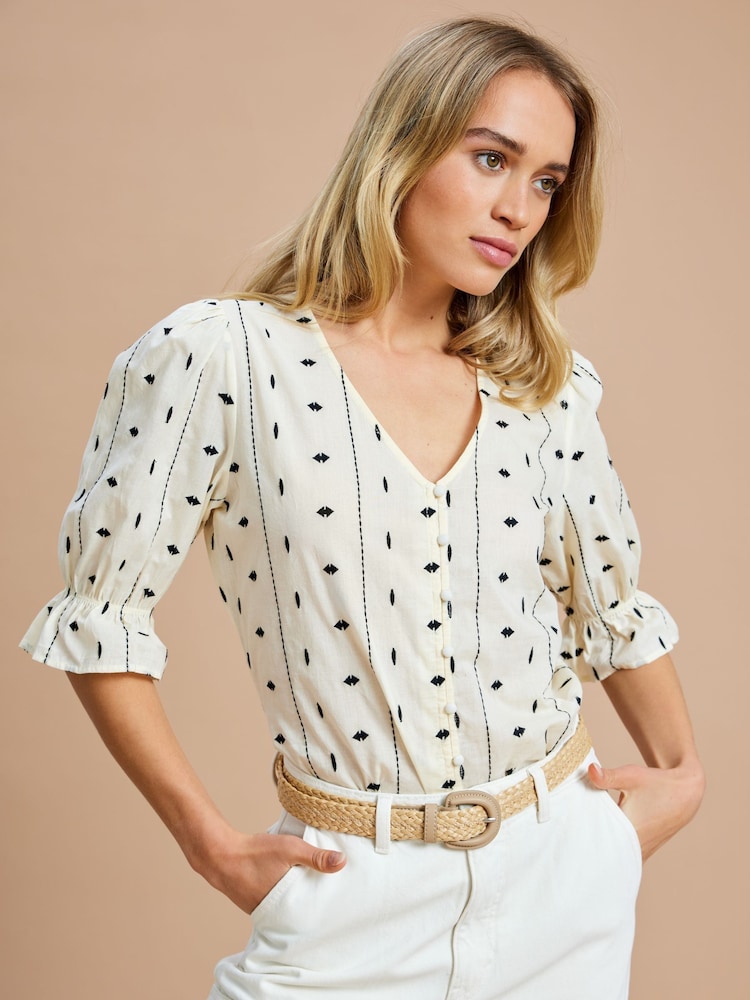 ONLY Cream 100% Cotton Embroidered Short Sleeve Button-Up Blouse - Image 1 of 8