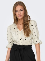 ONLY Cream 100% Cotton Embroidered Short Sleeve Button-Up Blouse - Image 4 of 8