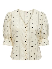 ONLY Cream 100% Cotton Embroidered Short Sleeve Button-Up Blouse - Image 7 of 8