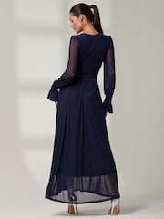 Jolie Moi Navy Blue Greta Long Sleeve Mesh Maxi Dress - Image 2 of 6