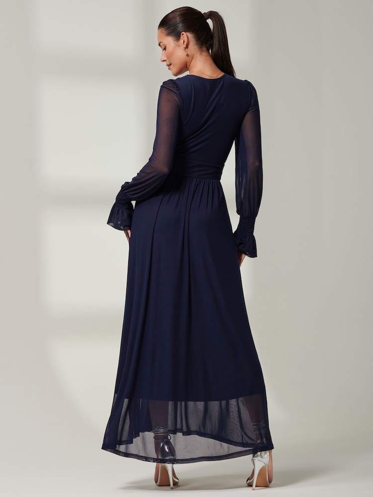 Jolie Moi Navy Blue Greta Long Sleeve Mesh Maxi Dress - Image 2 of 6