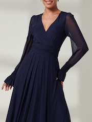 Jolie Moi Navy Blue Greta Long Sleeve Mesh Maxi Dress - Image 3 of 6