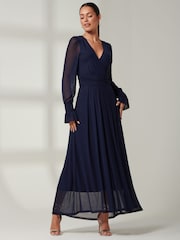 Jolie Moi Navy Blue Greta Long Sleeve Mesh Maxi Dress - Image 4 of 6