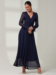 Jolie Moi Navy Blue Greta Long Sleeve Mesh Maxi Dress - Image 5 of 6