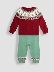 JoJo Maman Bébé Red Christmas Fair Isle Pattern Knitted Jumper & Leggings Set - Image 1 of 5