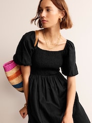 Boden Black Sky Smocked 100% Linen Midi Dress - Image 1 of 5