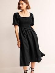 Boden Black Sky Smocked 100% Linen Midi Dress - Image 2 of 5