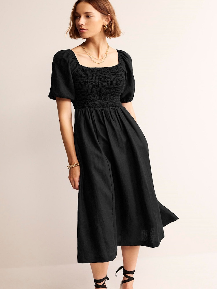 Boden Black Sky Smocked 100% Linen Midi Dress - Image 2 of 5