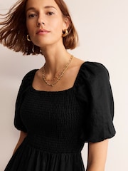 Boden Black Sky Smocked 100% Linen Midi Dress - Image 3 of 5