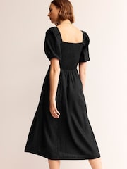 Boden Black Sky Smocked 100% Linen Midi Dress - Image 4 of 5