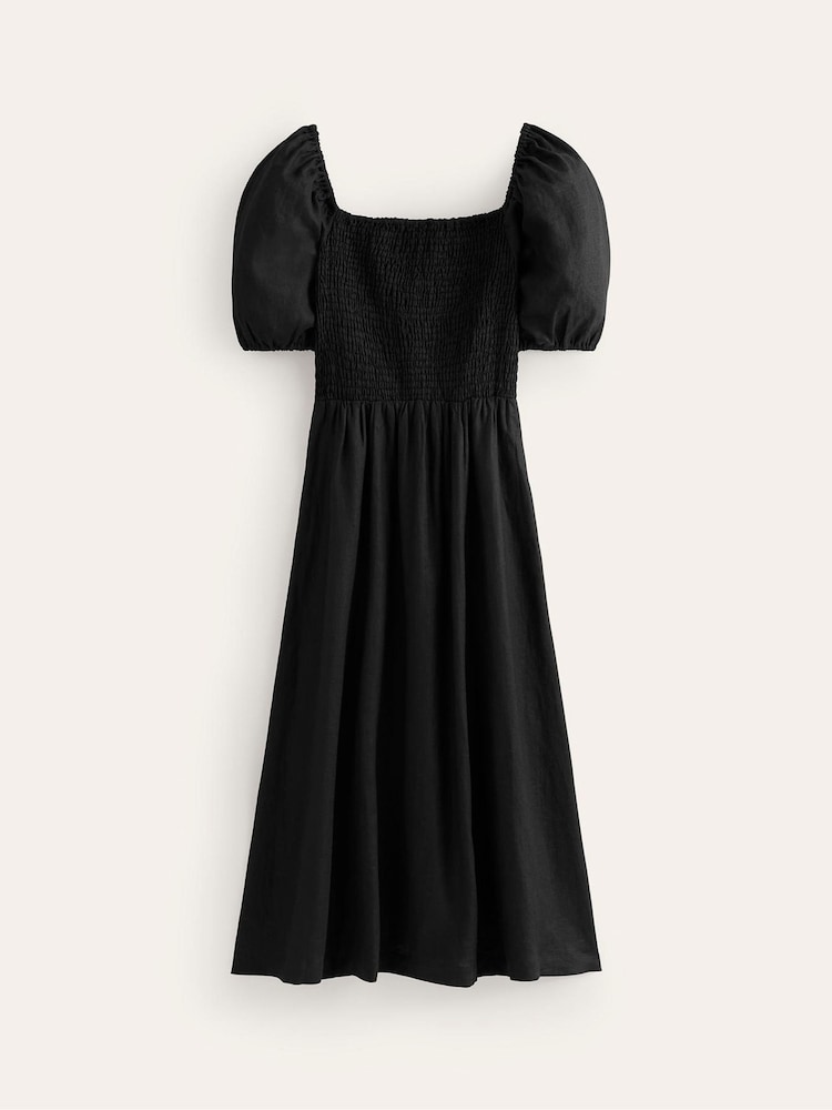 Boden Black Sky Smocked 100% Linen Midi Dress - Image 5 of 5