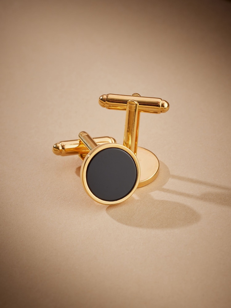 Black/Gold Signature Real Onyx Stone Cufflinks - Image 2 of 3