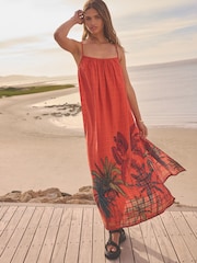 Coral/Red 100% Cotton Maxi Summer Dress - Image 1 of 8