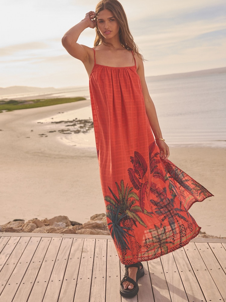 Coral/Red 100% Cotton Maxi Summer Dress - Image 1 of 8