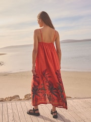 Coral/Red 100% Cotton Maxi Summer Dress - Image 4 of 8