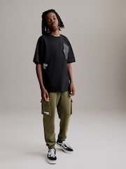 Črna/kaki zelena - Utility 100% Cotton kratek rokav; s kratkimi rokavi majica and lahke hlače za prosti čas Set (3-16yrs) - Slika 1 iz 11