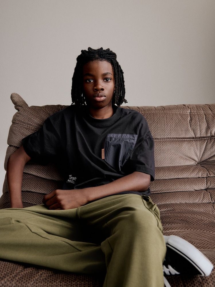 Black/Khaki Green Utility 100% Cotton Short Sleeve T-Shirt and Joggers Set (3-16yrs) - Image 3 of 11