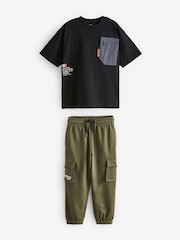 Črna/kaki zelena - Utility 100% Cotton kratek rokav; s kratkimi rokavi majica and lahke hlače za prosti čas Set (3-16yrs) - Slika 7 iz 11