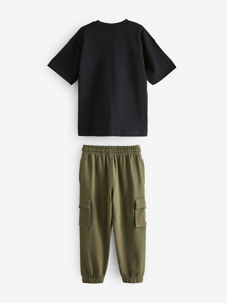 Black/Khaki Green Utility 100% Cotton Short Sleeve T-Shirt and Joggers Set (3-16yrs) - Image 8 of 11