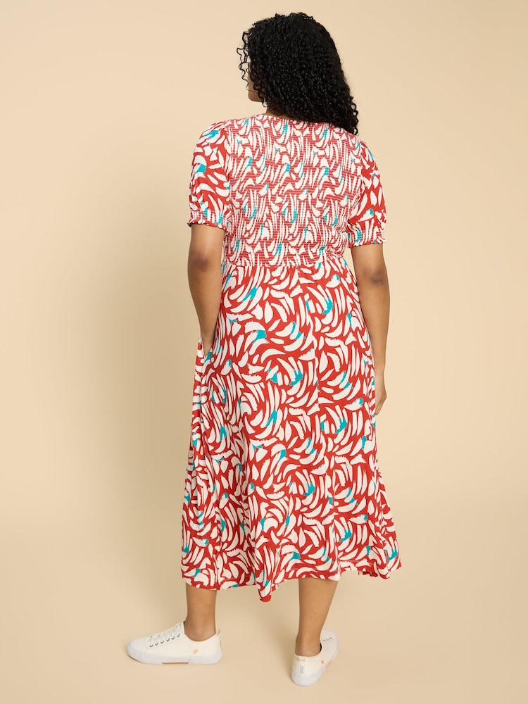 White Stuff Red Emily Shirred Jersey Dress - Image 2 of 7