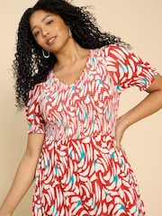 White Stuff Red Emily Shirred Jersey Dress - Image 4 of 7