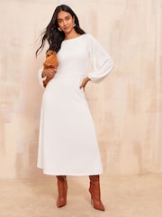 Friends Like These Cream Long Sleeve Fluffy Batwing Midi Dress - Image 1 of 4