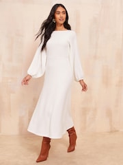 Friends Like These Cream Long Sleeve Fluffy Batwing Midi Dress - Image 4 of 4