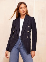 Friends Like These Navy Blue Boucle Double Breasted Blazer - Image 1 of 4
