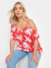 Yours Curve Red YOURS Curve Pink Tropical Print Cold Shoulder Top - Image 1 of 5