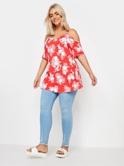 Yours Curve Red YOURS Curve Pink Tropical Print Cold Shoulder Top - Image 2 of 5
