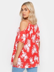 Yours Curve Red YOURS Curve Pink Tropical Print Cold Shoulder Top - Image 3 of 5