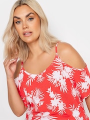 Yours Curve Red YOURS Curve Pink Tropical Print Cold Shoulder Top - Image 4 of 5