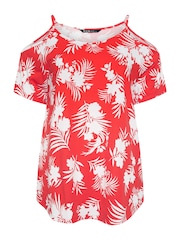 Yours Curve Red YOURS Curve Pink Tropical Print Cold Shoulder Top - Image 5 of 5