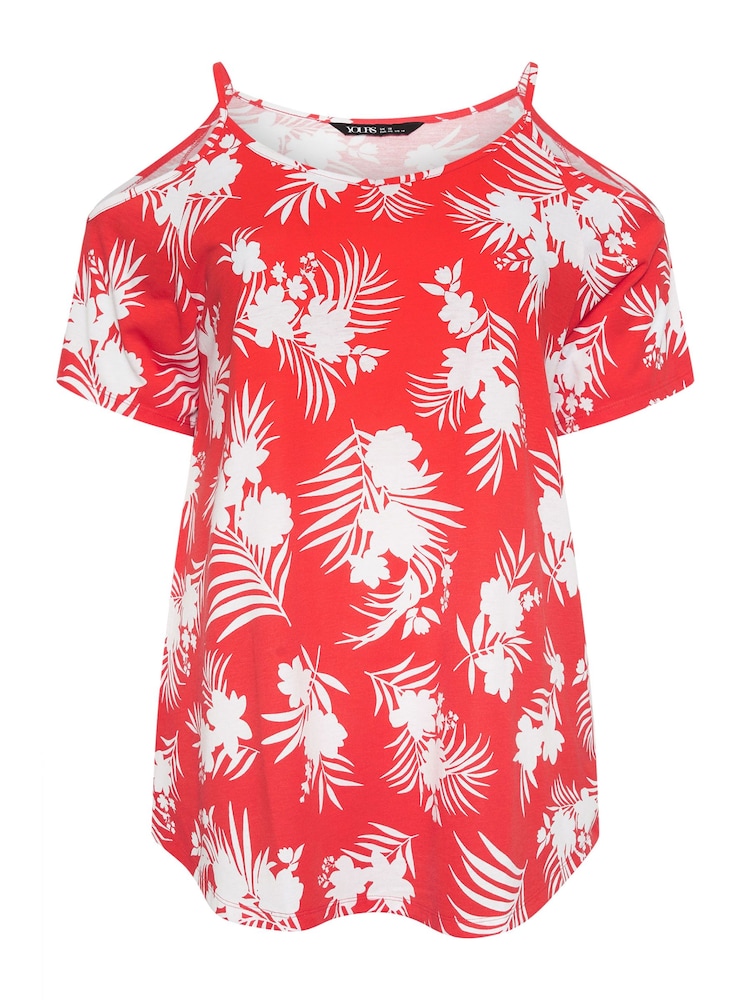 Yours Curve Red YOURS Curve Pink Tropical Print Cold Shoulder Top - Image 5 of 5