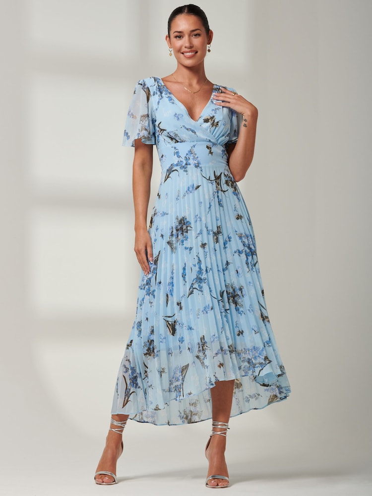 Jolie Moi Light Blue Floral Pleated Dip Hem Chiffon Maxi Dress - Image 1 of 6