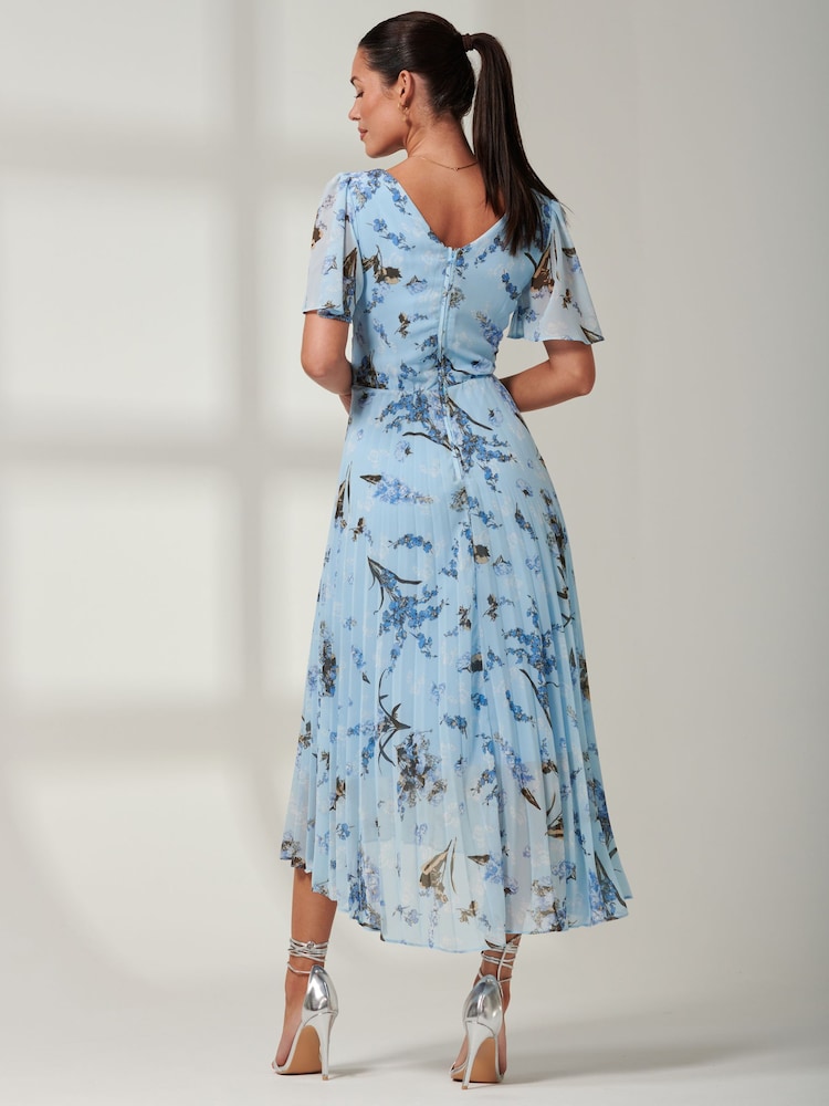Jolie Moi Light Blue Floral Pleated Dip Hem Chiffon Maxi Dress - Image 2 of 6