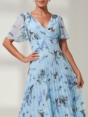 Jolie Moi Light Blue Floral Pleated Dip Hem Chiffon Maxi Dress - Image 3 of 6