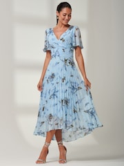 Jolie Moi Light Blue Floral Pleated Dip Hem Chiffon Maxi Dress - Image 4 of 6
